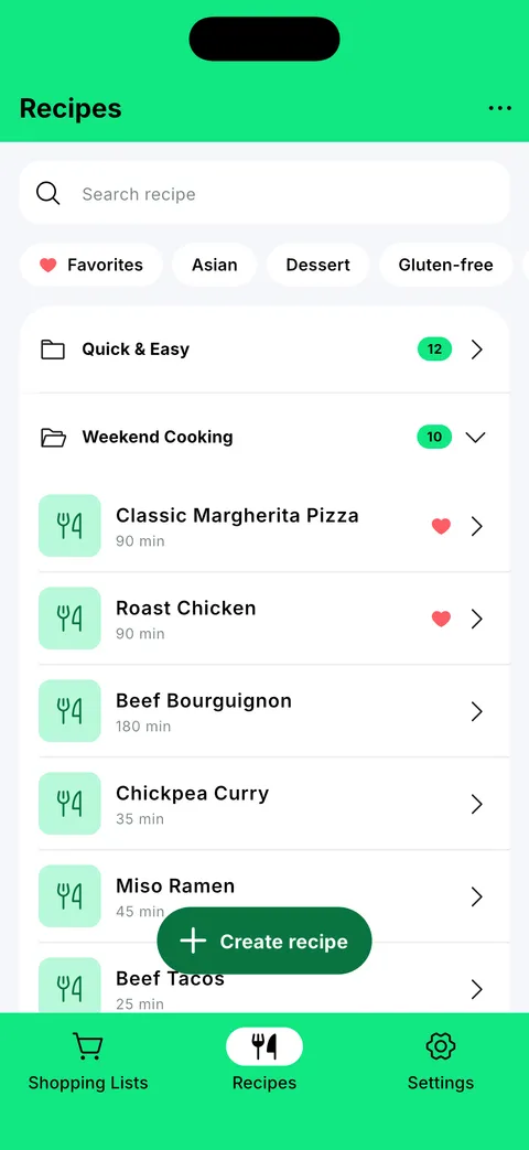 Recipe collection with folders, tags and favourites
