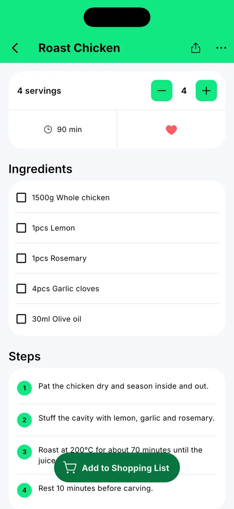 Recipe with servings, ingredients and steps