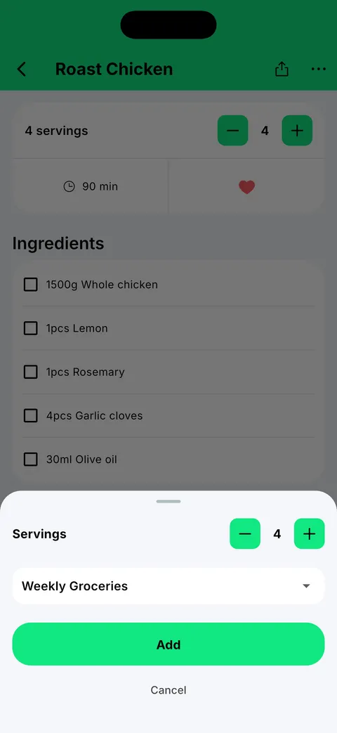 A recipe with four servings being added to a shopping list